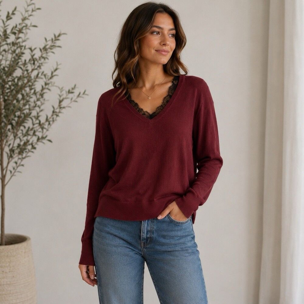 Ioina Menzel Burgundy Lightweight V-Neck Sweater Lace Trim Whimsigoth Sz Small